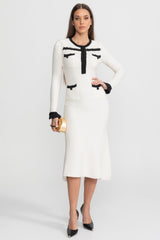 Textured Midi Dress with Contrast Embroidered Trim Ivoire