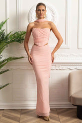 Elegant Draped Evening Co-Ord With Asymmetrical Neckline And Ruching Details - Pink