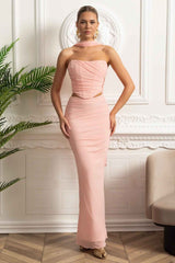Elegant Draped Evening Co-Ord With Asymmetrical Neckline And Ruching Details - Pink