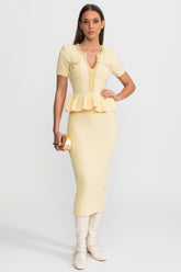 Textured Knit Midi Dress with Peplum Waist Detail Yellow