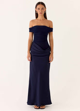 Alicent Maxi Dress - Navy Satin Off-Shoulder