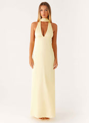 Alicia Maxi Dress - Yellow Satin Halter