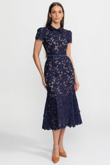 Lace Midi Dress with Belted Waist and Collared Neckline Navy