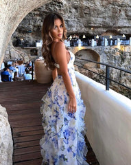 Iris tiered floral maxi wedding guest dress - Blue