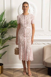 LACE FITTED MIDI COCKTAIL DRESS