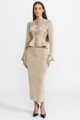 Shimmer Knit Dress with Crystal Button Accents Champagne