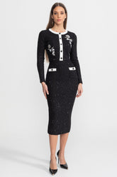 Embroidered Tweed Knit Co-Ord Set with Contrast Trim Black