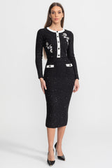 Embroidered Tweed Knit Co-Ord Set with Contrast Trim Black