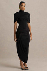 Black Asymmetric Twisted Cape Midi Dress