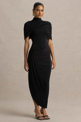 Black Asymmetric Twisted Cape Midi Dress
