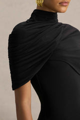 Black Asymmetric Twisted Cape Midi Dress