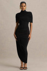 Black Asymmetric Twisted Cape Midi Dress