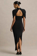 Black Asymmetric Twisted Cape Midi Dress