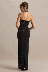 Dani Maxi Dress - Black Hand-Embellished Halter-Neck