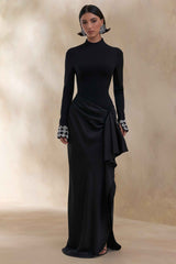 Starred Maxi Dress - Black Satin Wrap