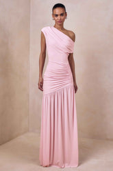 Pink Asymmetric-Neck Maxi Dress With Ruched Detailing