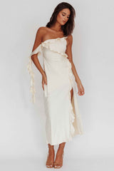 SATIN RUFFLE MIDI WEDDING GUEST COCKTAIL DRESS