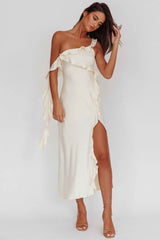 SATIN RUFFLE MIDI WEDDING GUEST COCKTAIL DRESS