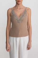 Knit Two Piece Set With Crystal Embellishments And Trim Cuffs - Beige