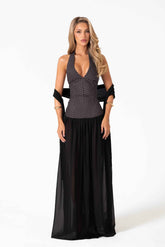 Adeline Maxi Dress - Black Polka Dot Halterneck