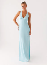 Desi Maxi Dress - Mint Satin Halterneck