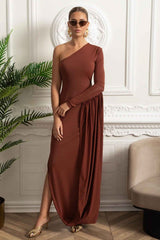 ASYMMETRICAL FITTED MAXI EVENING DRESS