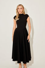 Cap Sleeve Fitted V-Waist Midi Cocktail Dress - Black