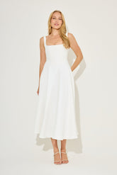 Elegant Square Neck Fitted Midi Cocktail Dress - White