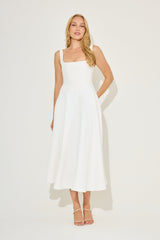 Fitted Elegant Square Neck Midi Cocktail Dress - White