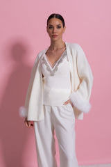 Knit Two Piece Set With Crystal Embellishments And Trim Cuffs - White