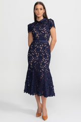 Lace Midi Dress with Belted Waist and Collared Neckline Navy