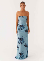 Field Of Dreams Maxi Dress - Blue Black Floral Strapless