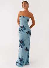Field Of Dreams Maxi Dress - Blue Black Floral Strapless