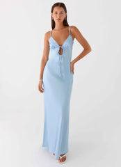 Flora Maxi Dress - Ice Blue Satin Tie-Front