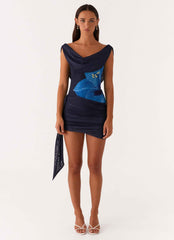 Good Fortune Mini Dress - Navy Off-Shoulder Cowl