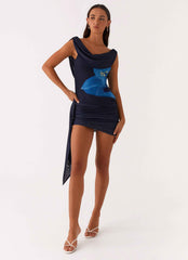 Good Fortune Mini Dress - Navy Off-Shoulder Cowl