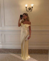 Women's Off-Shoulder Satin Maxi Wedding Guest Dress