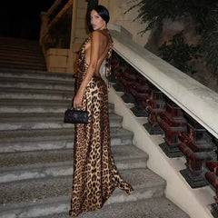 Women's Leopard Print Halter Tie-Backless Maxi Summer Dress