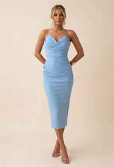 Women's Draped Strapless Midi Bodycon Wedding Guest Dress
