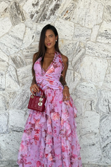 Women's Floral Sleeveless Ruffle Maxi Wedding Guest Dress