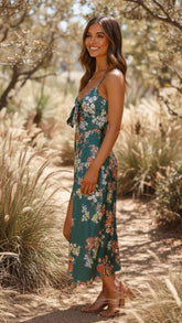 Women's Floral Tie Front Sleeveless Slit Midi Summer Dress
