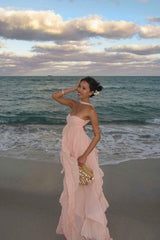 Women's Strapless Ruffled Maxi Wedding Guest Dress