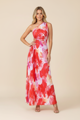Women's One-Shoulder Floral Pleated Maxi Wedding Guest Dress
