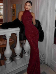 Women's Sleeveless Halter Neck Sequin Maxi Party Dress