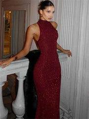 Women's Sleeveless Halter Neck Sequin Maxi Party Dress