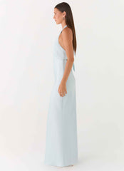 Heavy Hearted Maxi Dress - Ice Blue Satin Halterneck