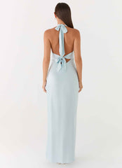 Heavy Hearted Maxi Dress - Ice Blue Satin Halterneck