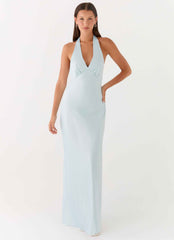 Heavy Hearted Maxi Dress - Ice Blue Satin Halterneck