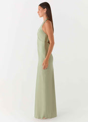 Heavy Hearted Maxi Dress - Sage Satin Halterneck