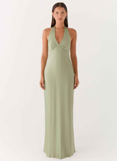 Heavy Hearted Maxi Dress - Sage Satin Halterneck